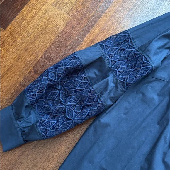 NWT LELA ROSE Poplin Lace Inset Shirt Dress Navy - Picture 4 of 8